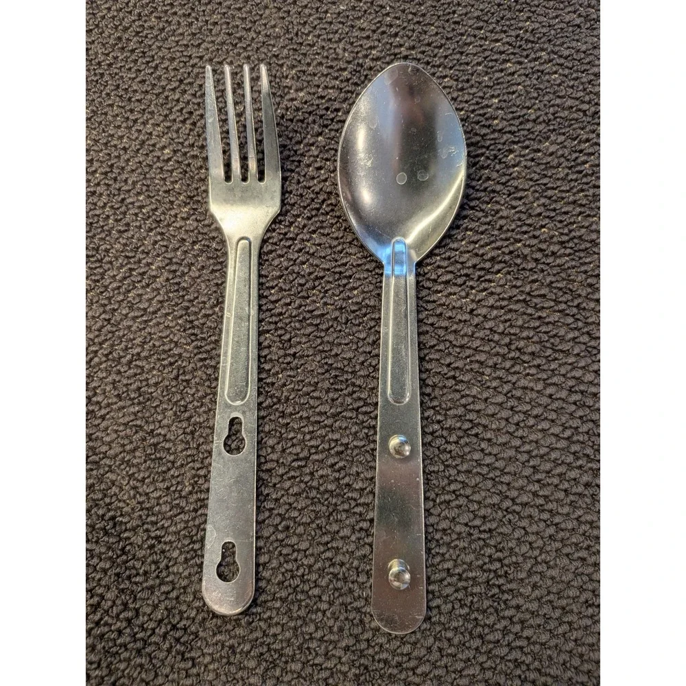 Vintage Military Style Nesting Fork Spoon Set Stainless Camping Gear